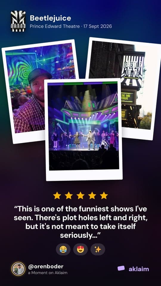 A Moment card from Beetlejuice: three photos as polaroids, five stars and the words