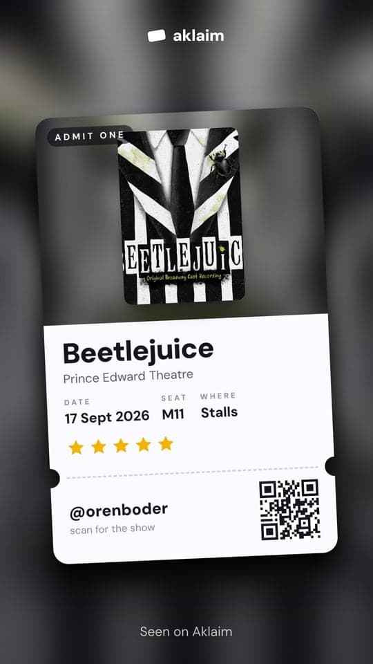 A ticket card for Beetlejuice: the date, seat M11 in the stalls, five stars